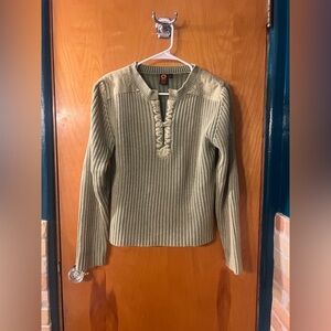 OJAI Green Ribbed Sweater with Ruffle Neckline